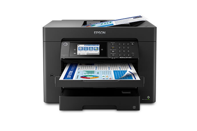 Vista frontal de la Epson WorkForce WF-7840 sobre fondo blanco